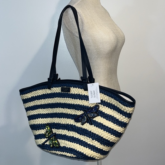NWT! $378 kate spade Shore Thing Dragonfly Embellished Striped Straw Large Tote - Picture 7 of 17